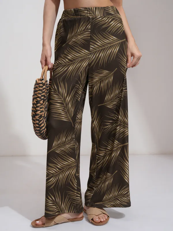 Tokyo Talkies Women Brown Printed Flared Casual Trousers