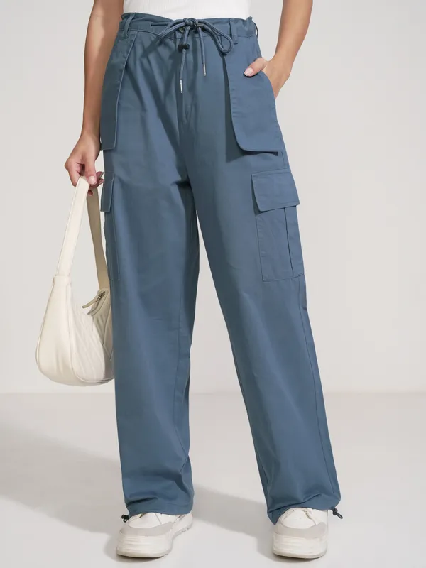 Tokyo Talkies Women Blue Solid Straight Fit Cargos