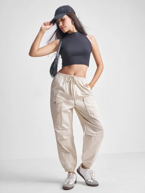 Tokyo Talkies Women Off White Solid Regular Fit Cargos