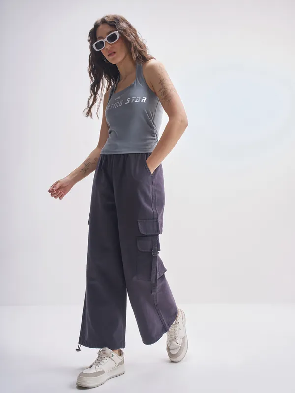 Tokyo Talkies Women Navy Blue Solid Straight Fit Cargos