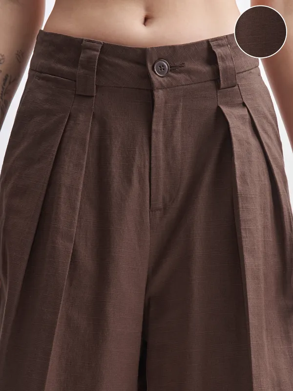 Tokyo Talkies Women Brown Solid Wide Leg Casual Trouser
