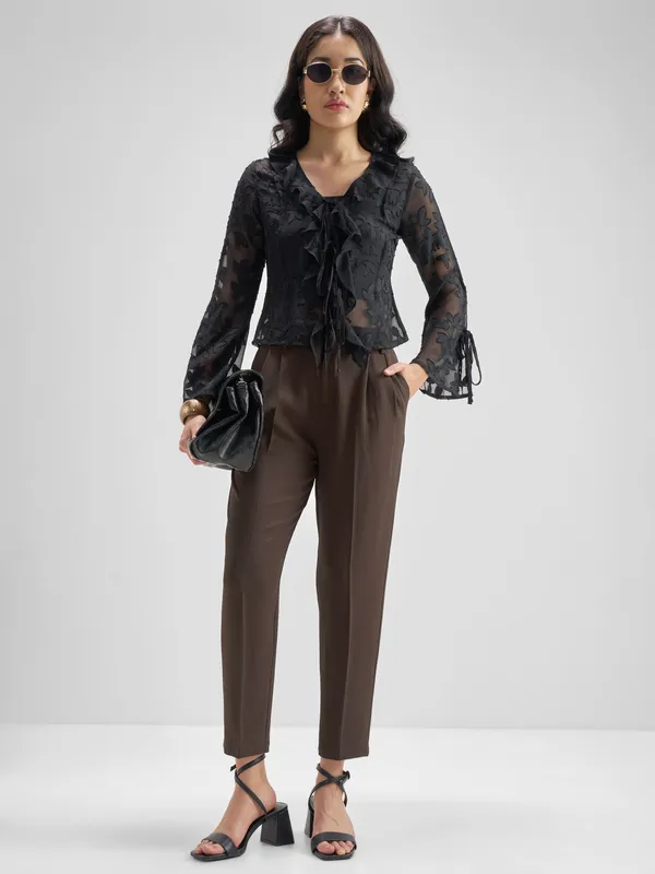 Tokyo Talkies Women Brown Solid Tapered Fit Regular Trouser