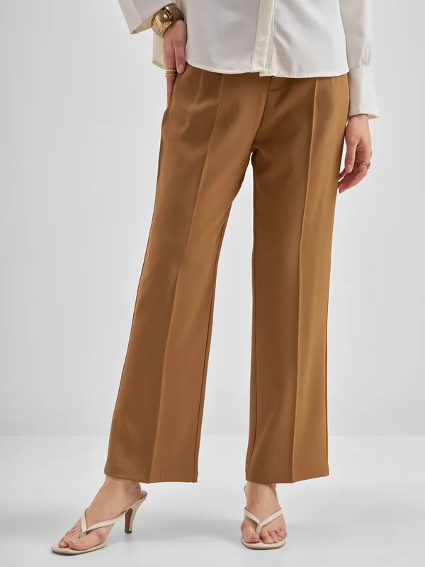 Tokyo Talkies Women Brown Solid Straight Fit Formal Trouser