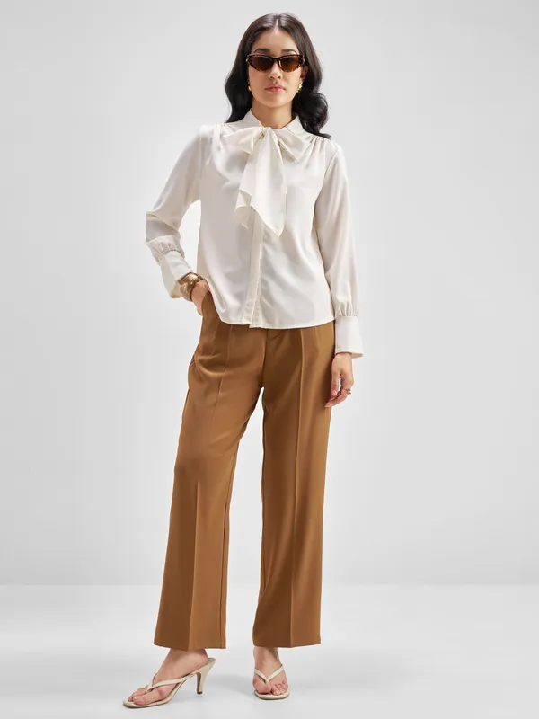 Tokyo Talkies Women Brown Solid Straight Fit Formal Trouser