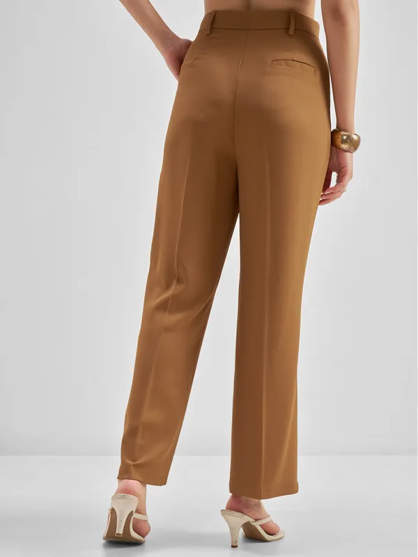 Tokyo Talkies Women Brown Solid Straight Fit Formal Trouser