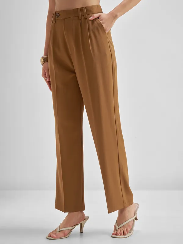 Tokyo Talkies Women Brown Solid Straight Fit Formal Trouser