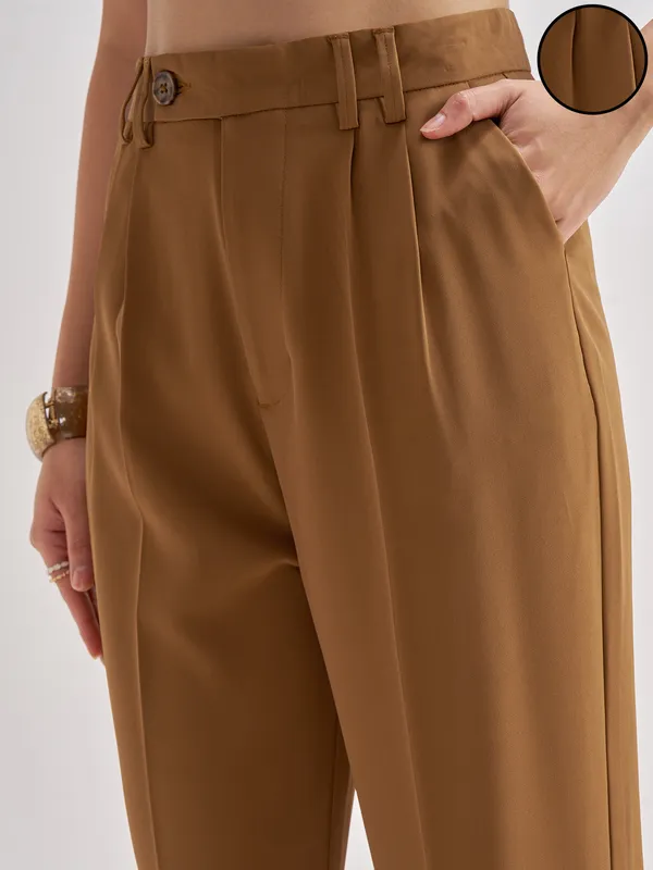Tokyo Talkies Women Brown Solid Straight Fit Formal Trouser