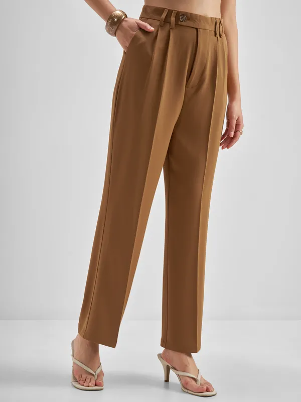 Tokyo Talkies Women Brown Solid Straight Fit Formal Trouser