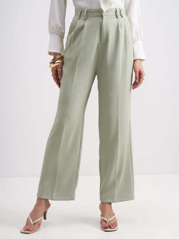 Tokyo Talkies Women Green Solid Straight Fit Formal Trouser