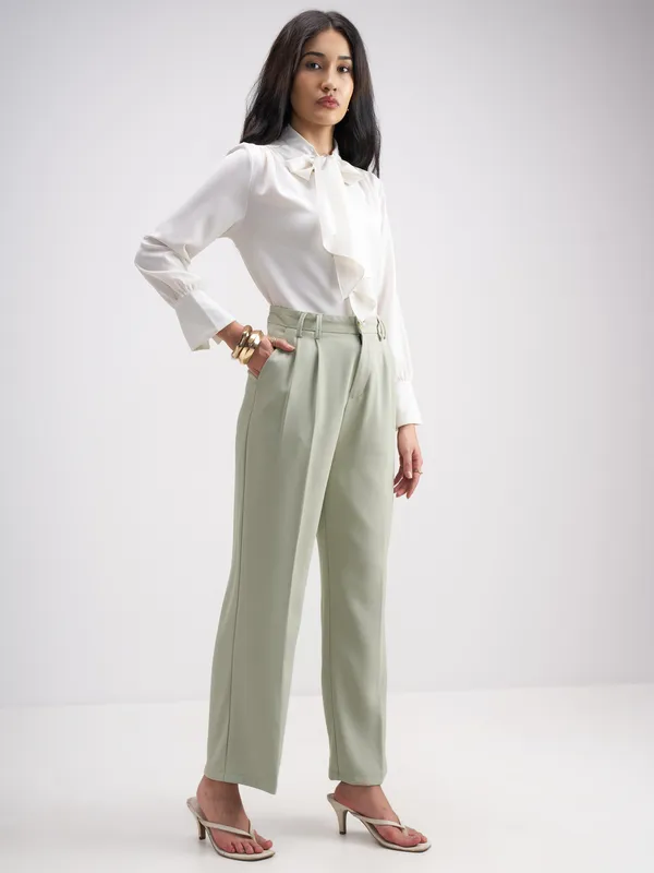 Tokyo Talkies Women Green Solid Straight Fit Formal Trouser