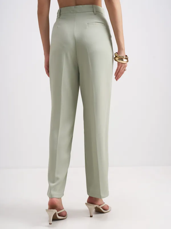 Tokyo Talkies Women Green Solid Straight Fit Formal Trouser