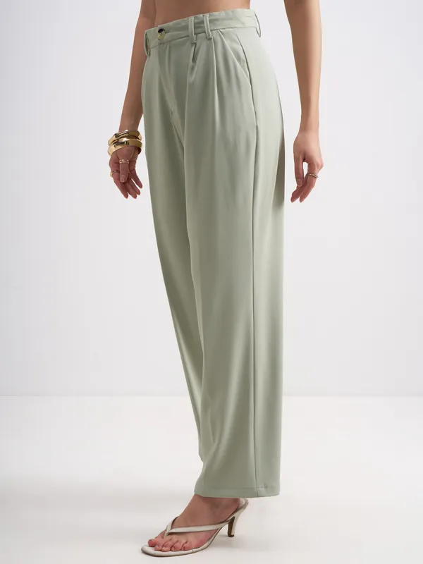 Tokyo Talkies Women Green Solid Straight Fit Formal Trouser