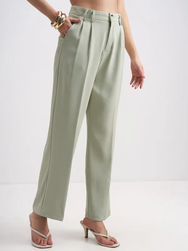 Tokyo Talkies Women Green Solid Straight Fit Formal Trouser