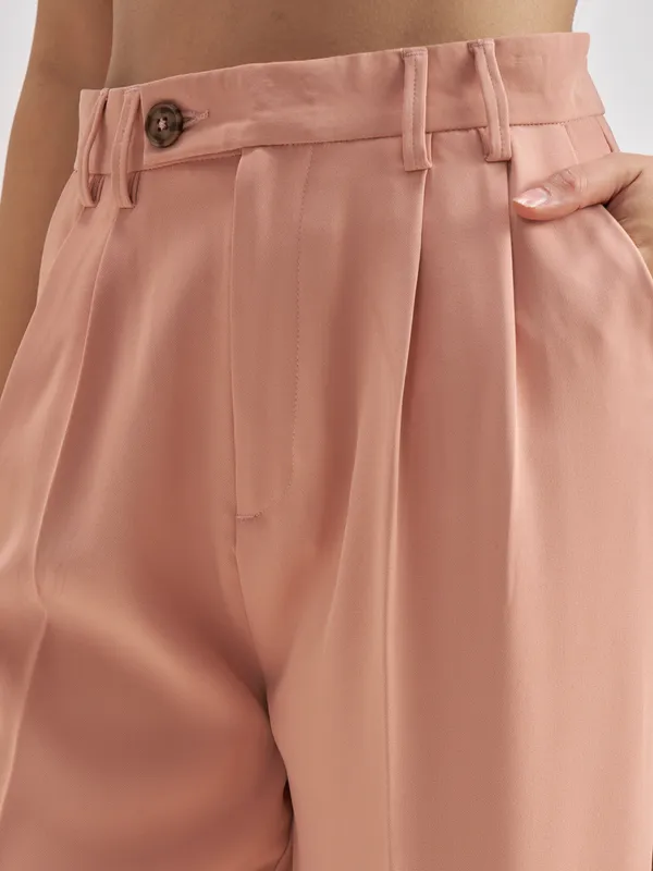 Tokyo Talkies Women Pink Solid Straight Fit Formal Trouser
