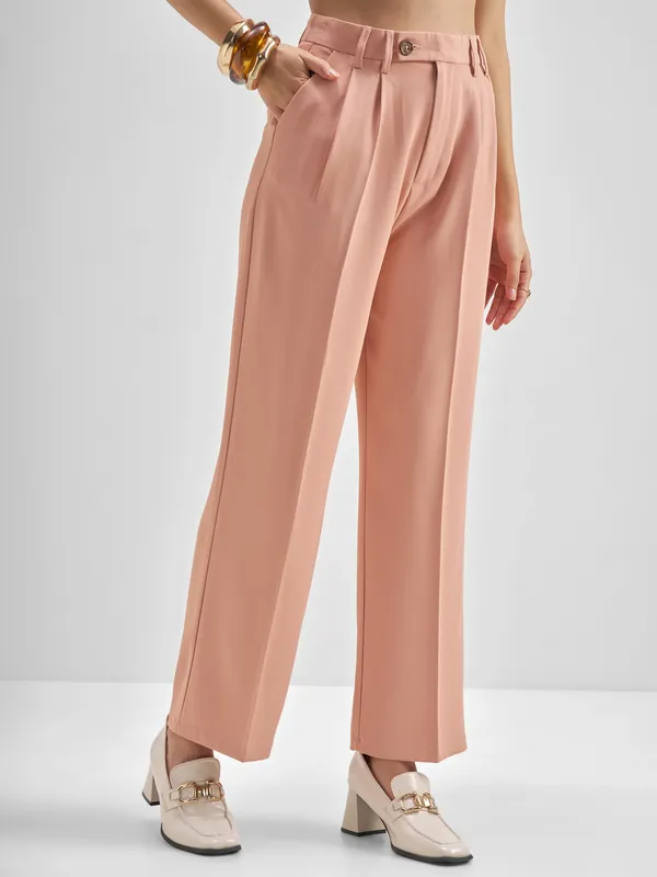 Tokyo Talkies Women Pink Solid Straight Fit Formal Trouser