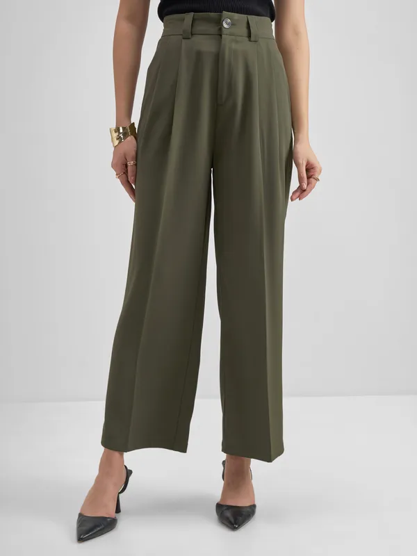 Tokyo Talkies Women Olive Solid Straight Fit Formal Trouser