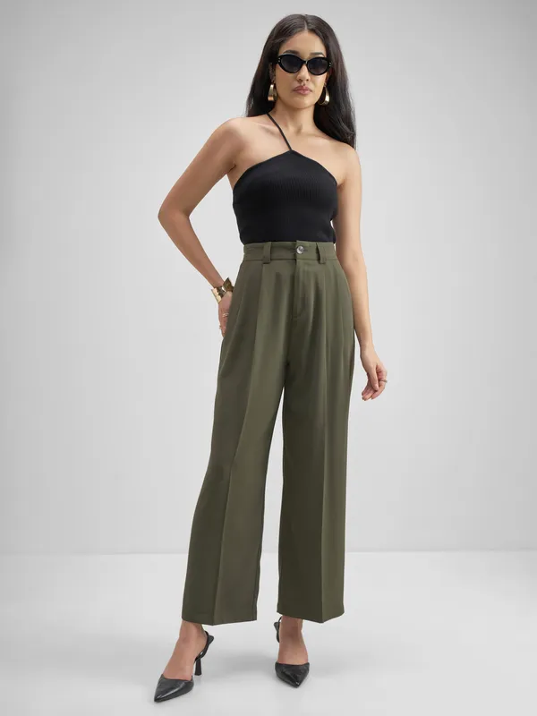 Tokyo Talkies Women Olive Solid Straight Fit Formal Trouser