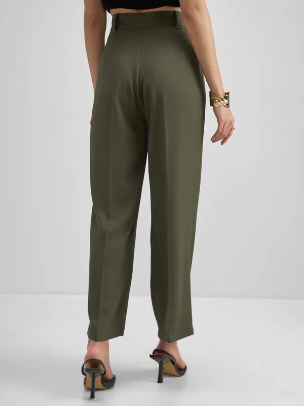 Tokyo Talkies Women Olive Solid Straight Fit Formal Trouser
