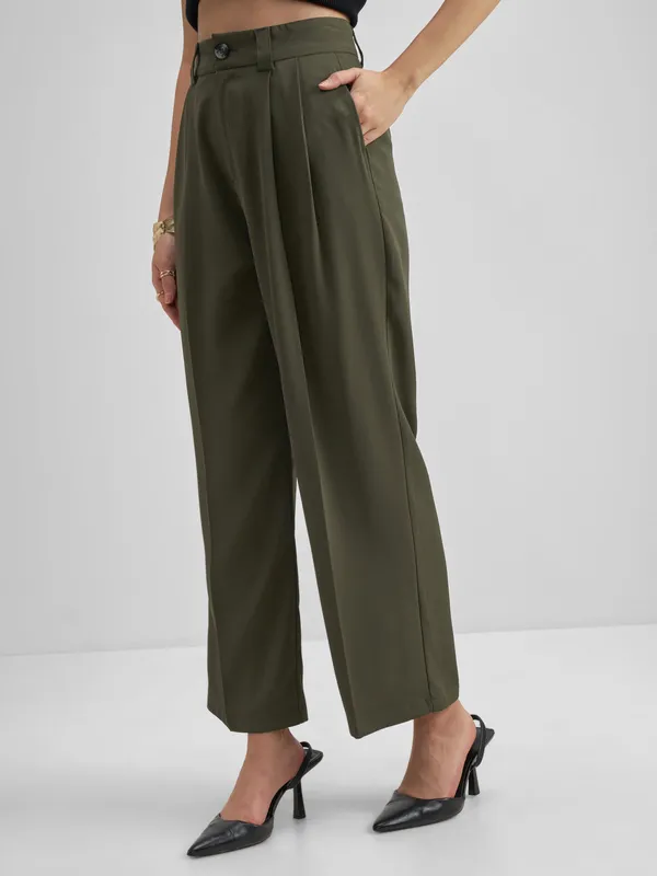 Tokyo Talkies Women Olive Solid Straight Fit Formal Trouser