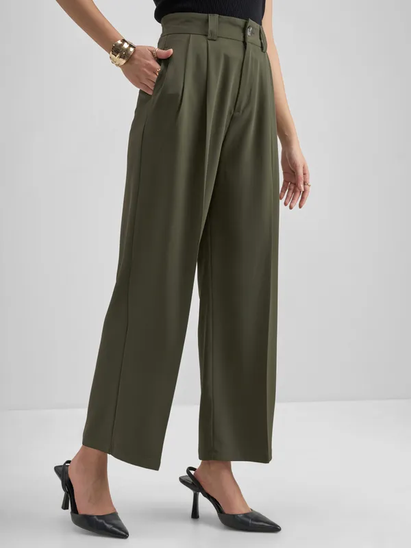 Tokyo Talkies Women Olive Solid Straight Fit Formal Trouser