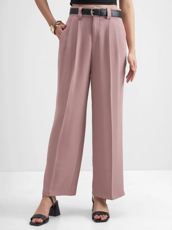 Tokyo Talkies Women Pink Solid Straight Fit Formal Trouser