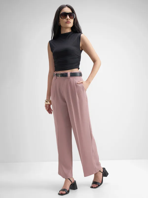 Tokyo Talkies Women Pink Solid Straight Fit Formal Trouser