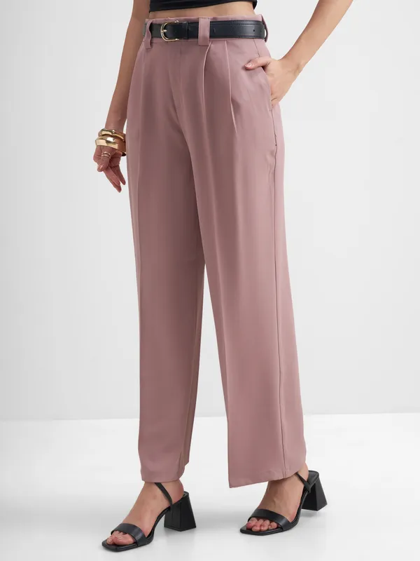 Tokyo Talkies Women Pink Solid Straight Fit Formal Trouser