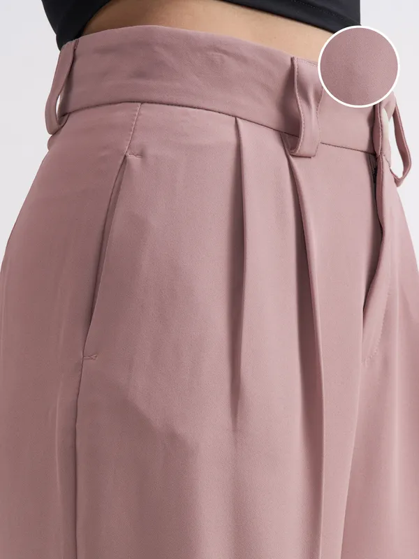 Tokyo Talkies Women Pink Solid Straight Fit Formal Trouser