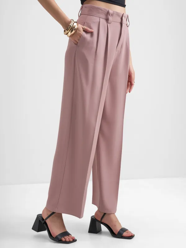 Tokyo Talkies Women Pink Solid Straight Fit Formal Trouser