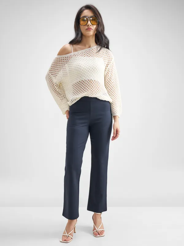 Tokyo Talkies Women Navy Blue Solid Bootcut Regular Trouser