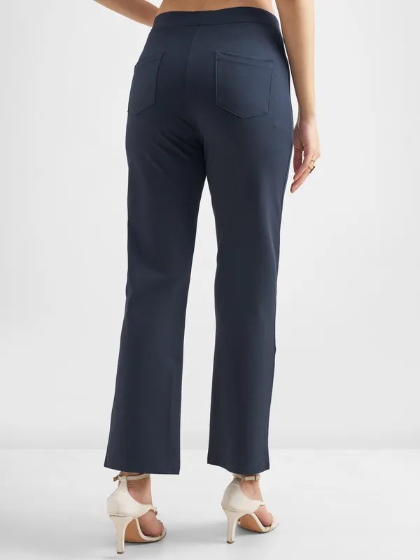 Tokyo Talkies Women Navy Blue Solid Bootcut Regular Trouser