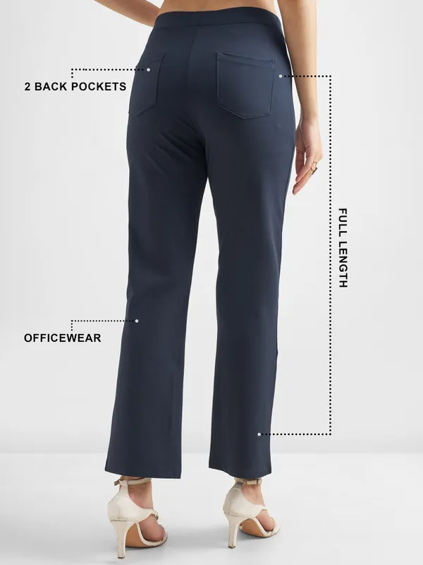 Tokyo Talkies Women Navy Blue Solid Bootcut Regular Trouser