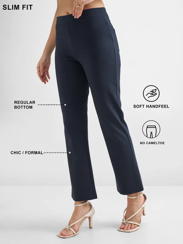 Tokyo Talkies Women Navy Blue Solid Bootcut Regular Trouser