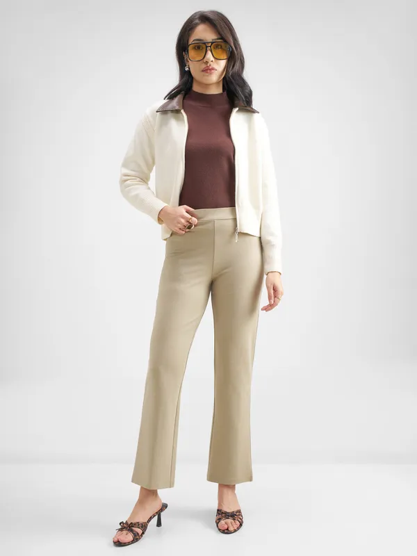 Tokyo Talkies Women Tan Solid Bootcut Regular Trouser