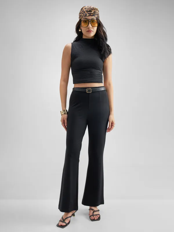 Tokyo Talkies Women Black Solid Bootcut Regular Trouser
