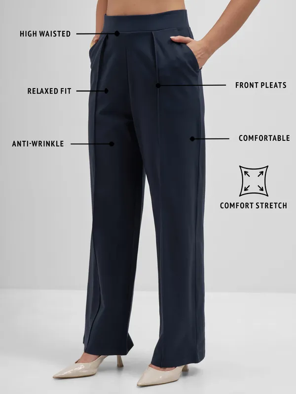 Tokyo Talkies Women Navy Blue Solid Straight Fit Regular Trouser