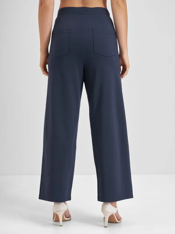 Tokyo Talkies Women Navy Blue Solid Wide Leg Regular Trouser