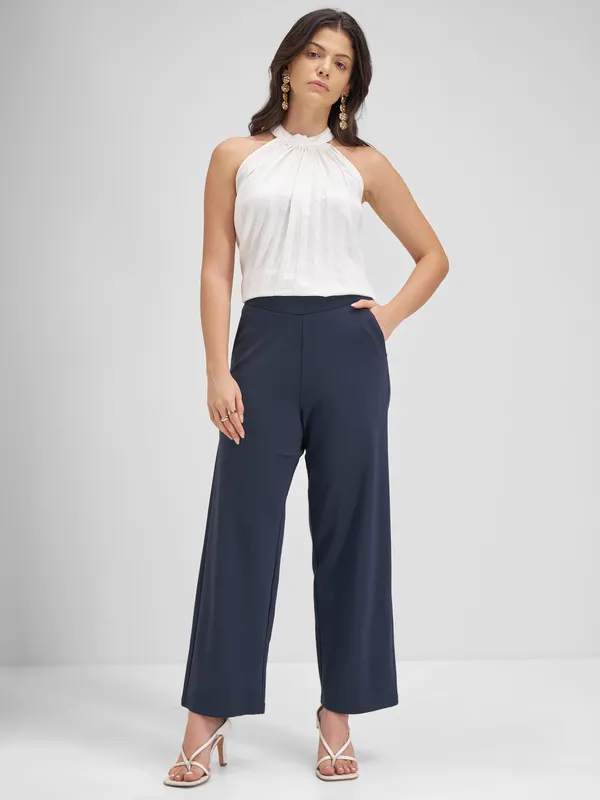 Tokyo Talkies Women Navy Blue Solid Wide Leg Regular Trouser