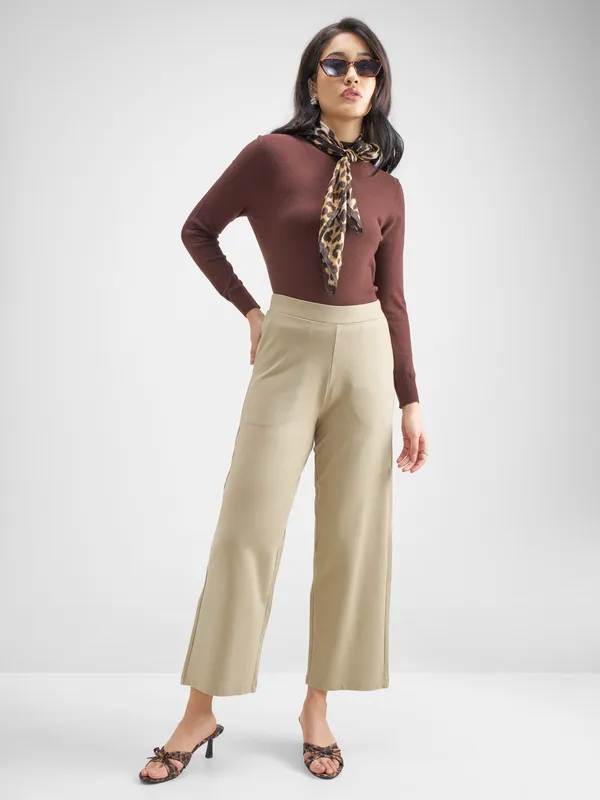 Tokyo Talkies Women Beige Solid Wide Leg Regular Trouser