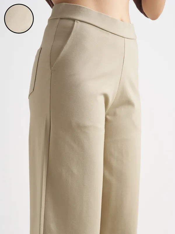 Tokyo Talkies Women Beige Solid Wide Leg Regular Trouser
