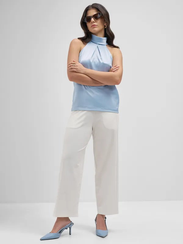 Tokyo Talkies Women White Solid Wide Leg Regular Trouser