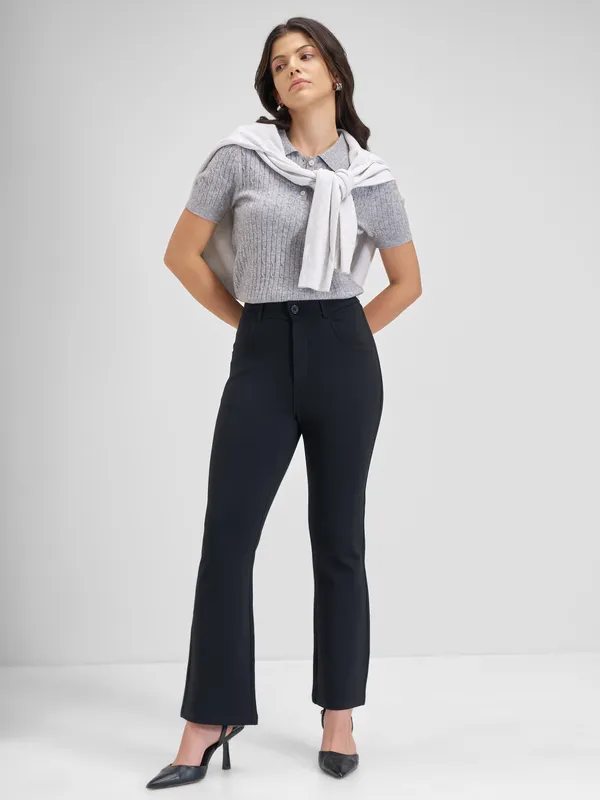 Tokyo Talkies Women Black Solid Bootcut Regular Trouser