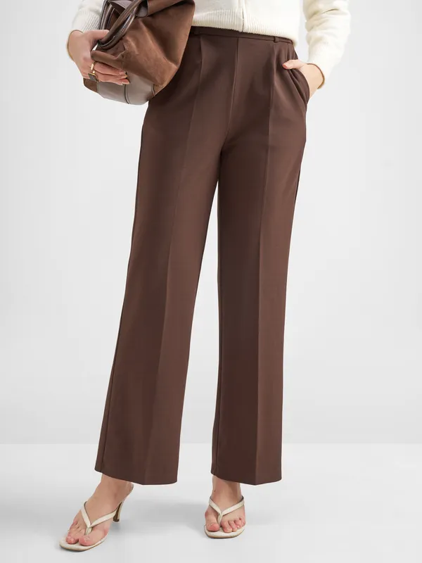 Tokyo Talkies Women Brown Solid Wide Leg Regular Trouser