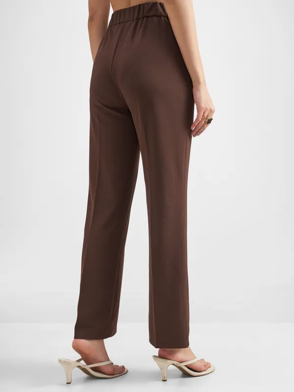 Tokyo Talkies Women Brown Solid Wide Leg Regular Trouser