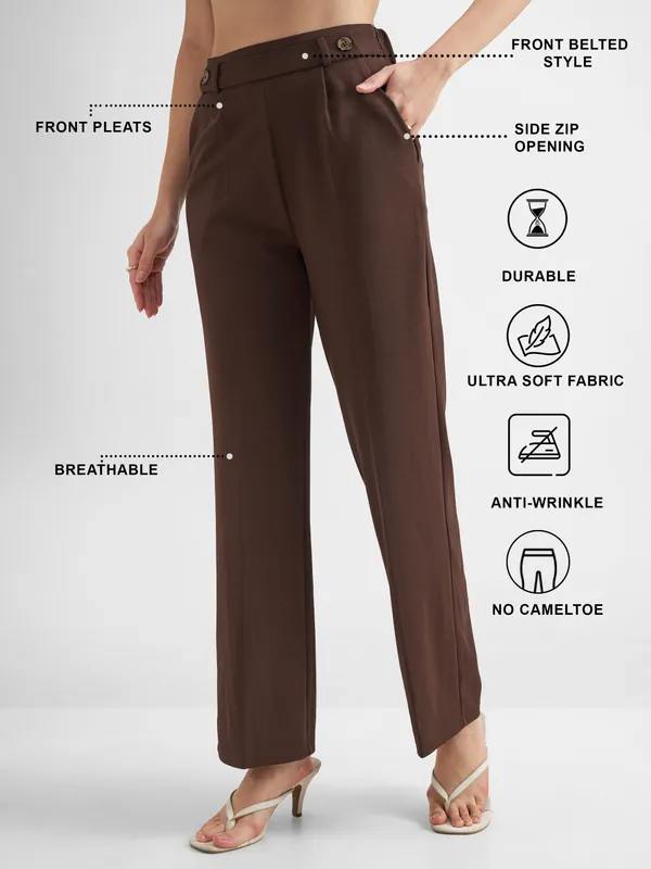 Tokyo Talkies Women Brown Solid Wide Leg Regular Trouser