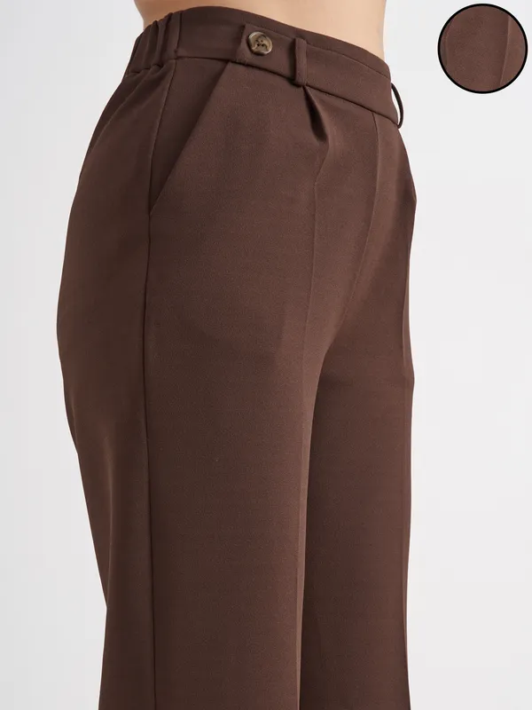 Tokyo Talkies Women Brown Solid Wide Leg Regular Trouser
