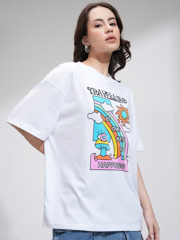  Tokyo Talkies Women White Printed Round Neck T-Shirts
