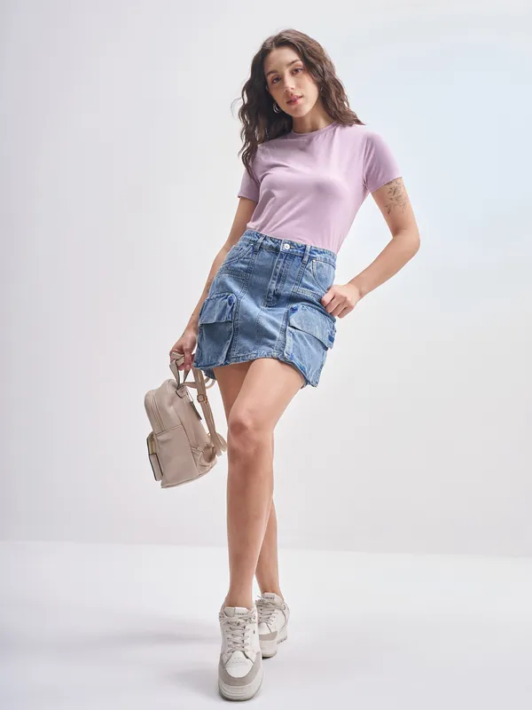 Tokyo Talkies Women Purple Solid Round Neck T-Shirt