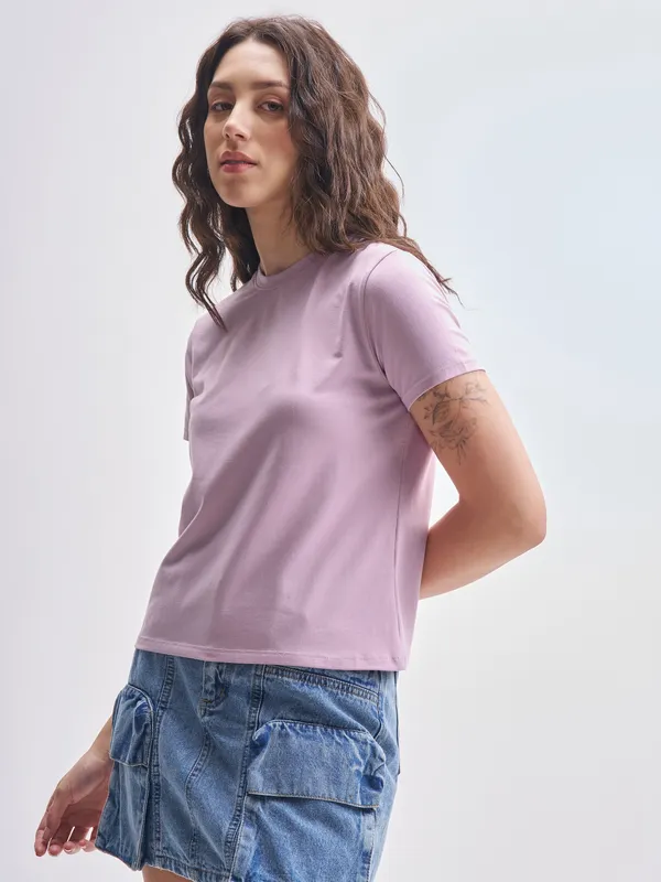Tokyo Talkies Women Purple Solid Round Neck T-Shirt