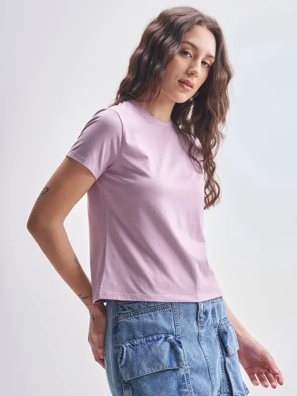 Tokyo Talkies Women Purple Solid Round Neck T-Shirt